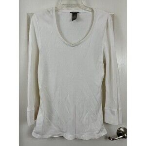 IN DEMAND - White Deep V-Neck Long Sleeve Cotton-Spandex Waffle Knit Top Medium